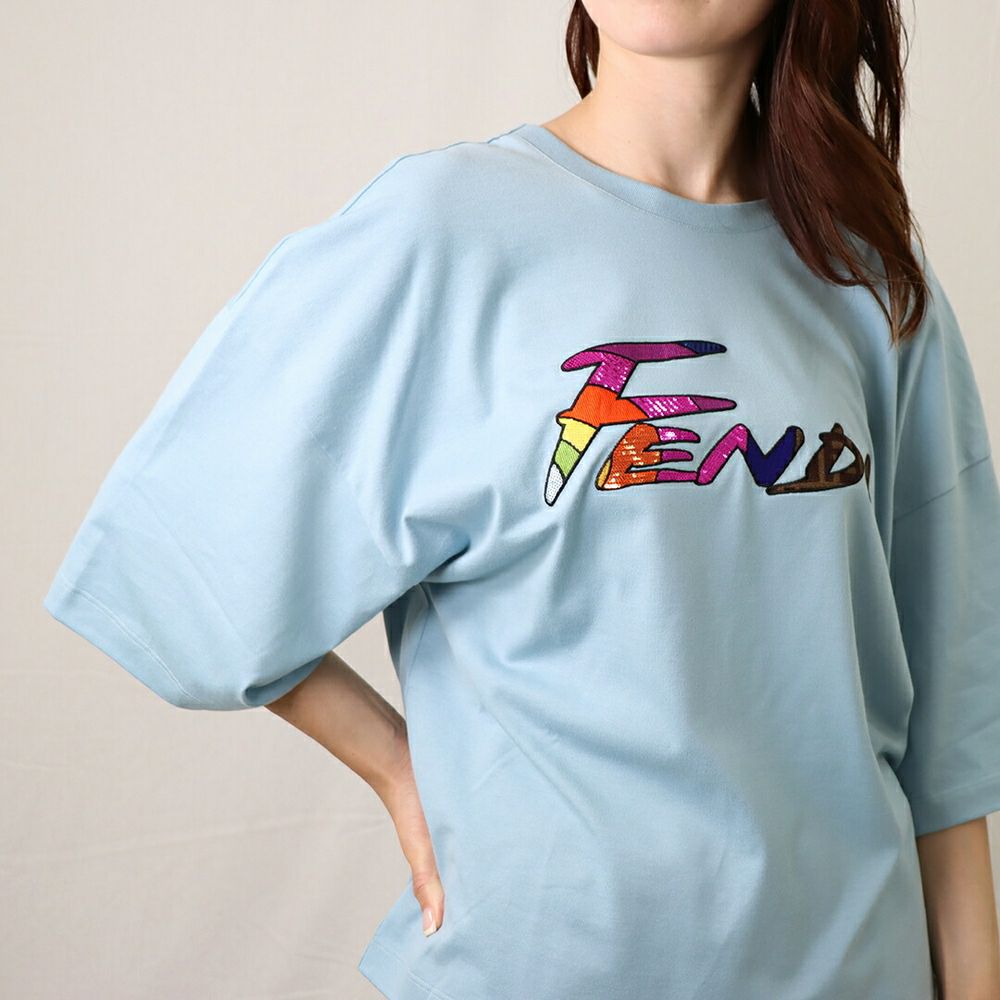 フェンディ FENDI レディースTシャツ 【ブラッシュ オーバーサイズ】 FS7890 AJXG F1H3F LUGHT BLUE