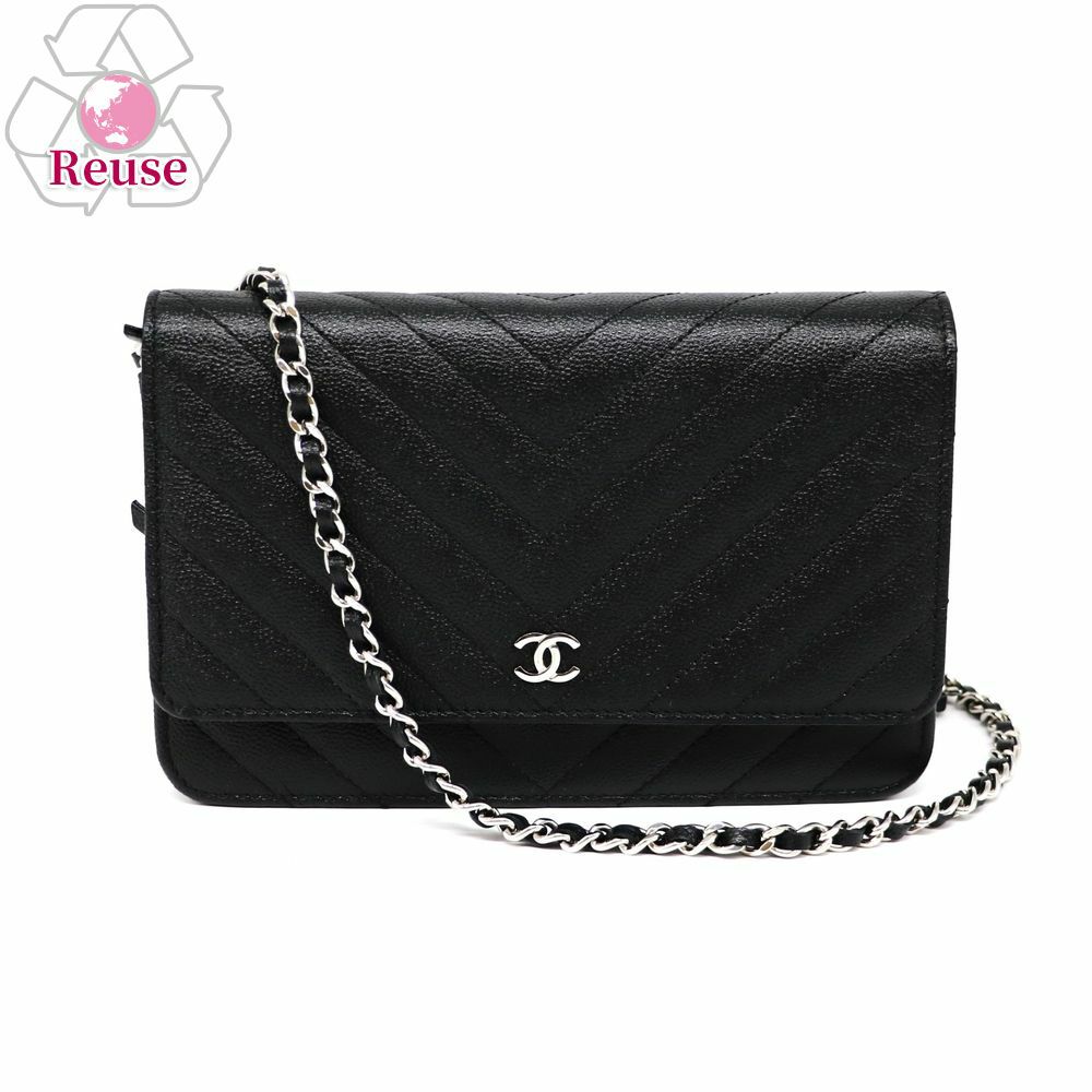 【リユース品】 シャネル CHANEL バッグ ショルダーバッグ Vステッチチェーンウォレット ブラック/シルバー金具 【お取り寄せ】