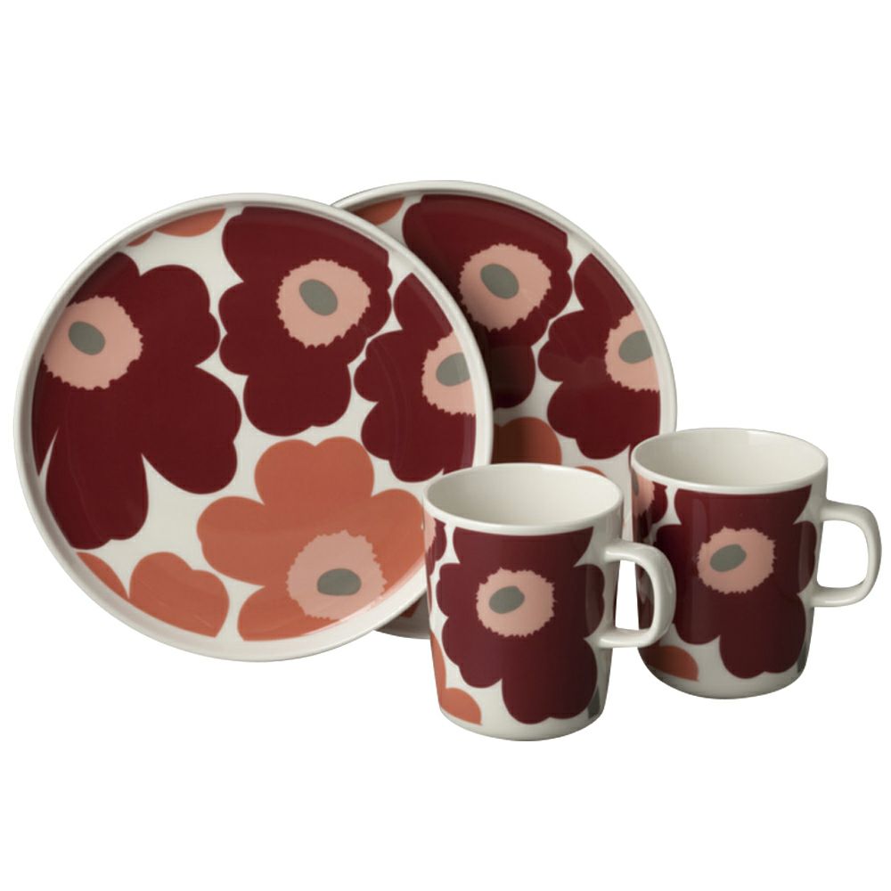 【予約会対象品】 マリメッコ MARIMEKKO マグカップ プレート ウニッコ マグ＆プレート4点セット ダークチェリー/サーモン 73702-133 ピンク 【お取り寄せ】