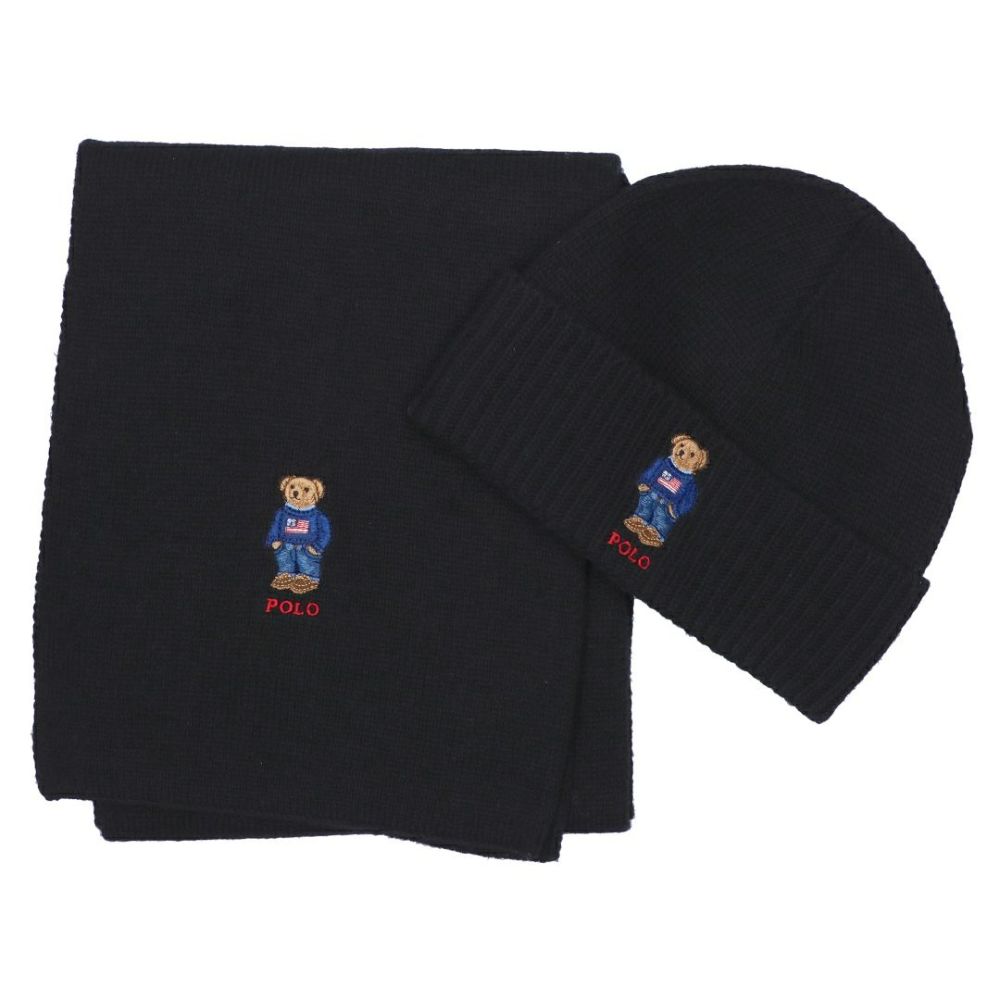 ポロ ラルフローレン POLO RALPH LAUREN ニット帽 ビーニー マフラー 2点セット テディベア ポロベア ロゴ刺繍 PC1367 ブラック