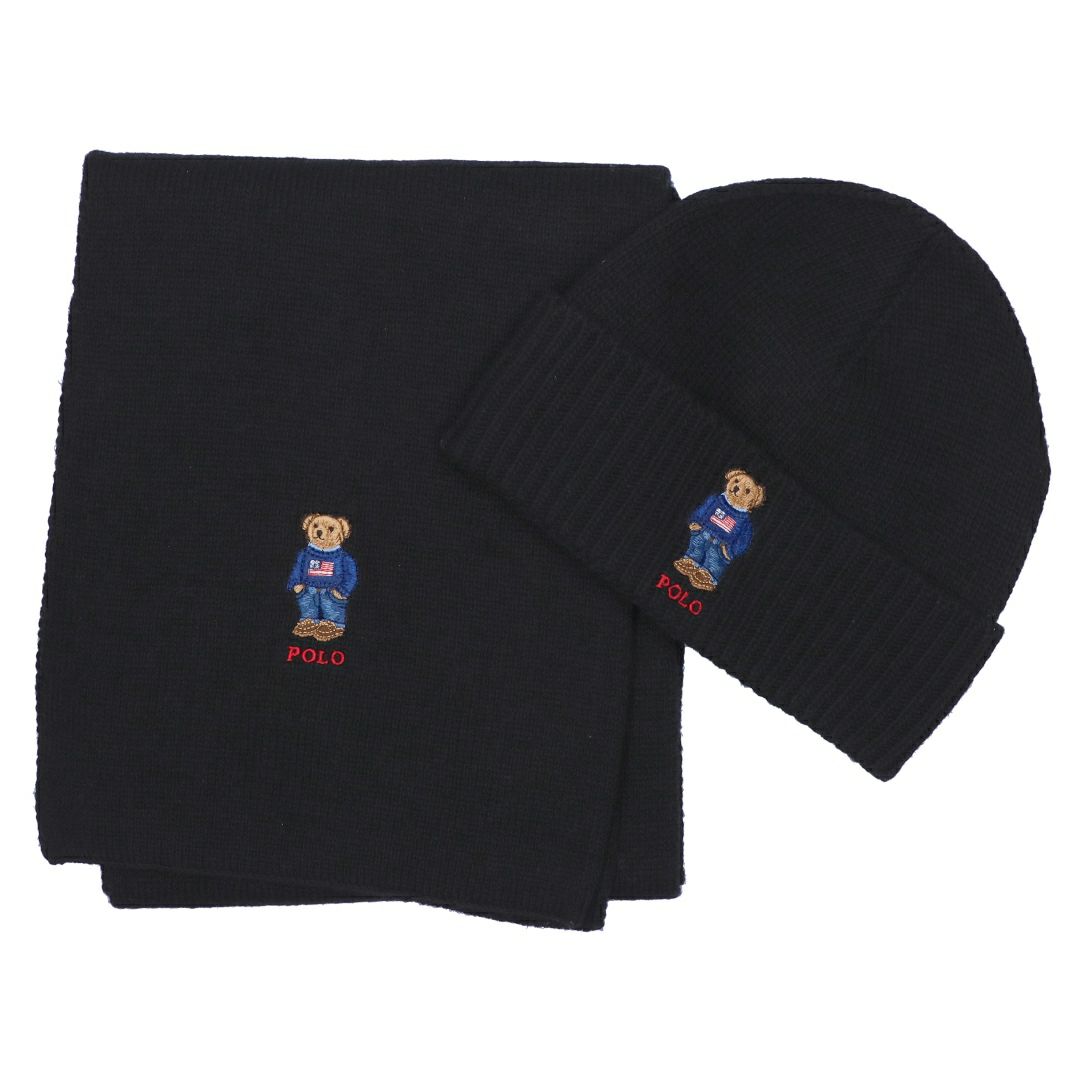 ポロ ラルフローレン POLO RALPH LAUREN ニット帽 ビーニー マフラー 2点セット テディベア ポロベア ロゴ刺繍 PC1367 ブラック