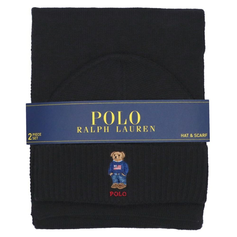 ポロ ラルフローレン POLO RALPH LAUREN ニット帽 ビーニー マフラー 2点セット テディベア ポロベア ロゴ刺繍 PC1367 ブラック