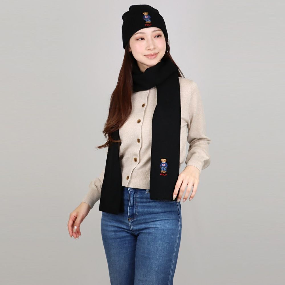 ポロ ラルフローレン POLO RALPH LAUREN ニット帽 ビーニー マフラー 2点セット テディベア ポロベア ロゴ刺繍 PC1367 ブラック