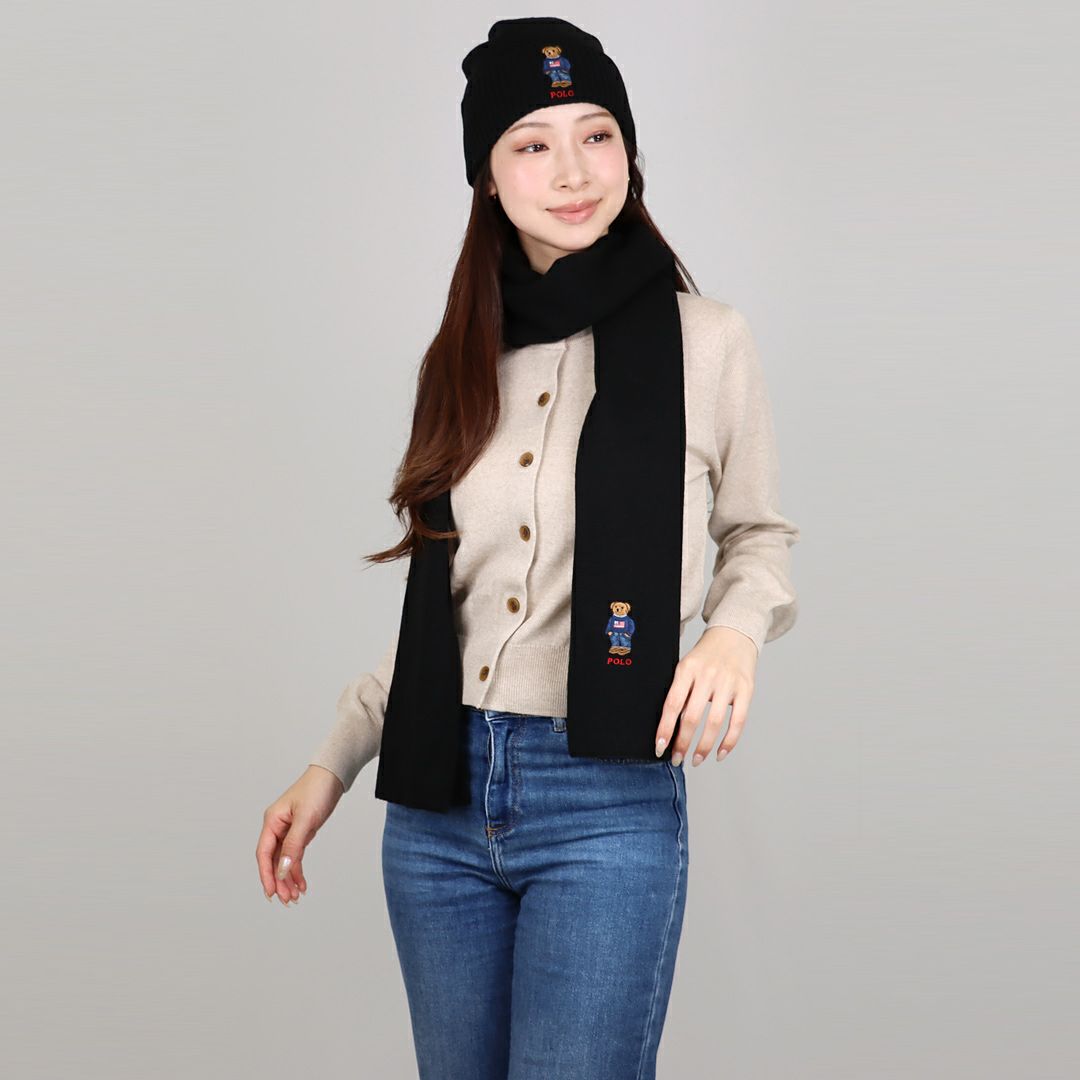 ポロ ラルフローレン POLO RALPH LAUREN ニット帽 ビーニー マフラー 2点セット テディベア ポロベア ロゴ刺繍 PC1367 ブラック